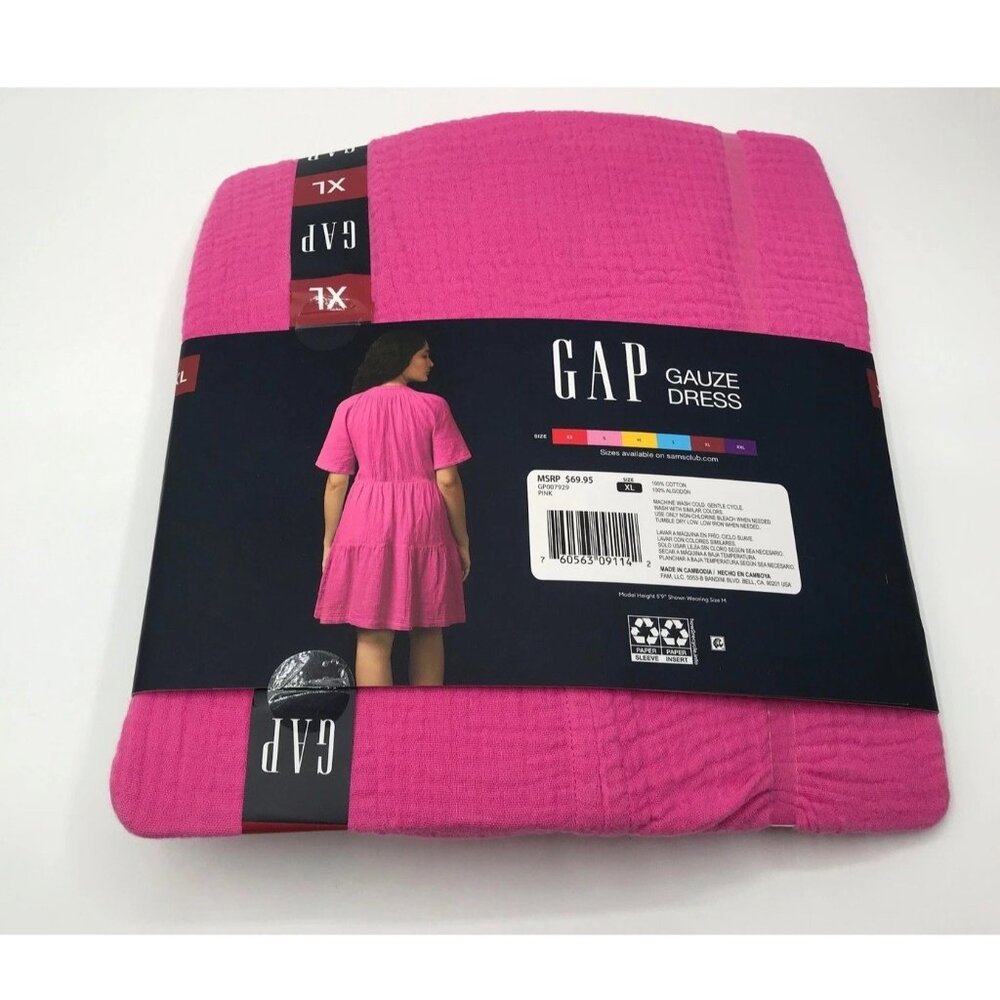 GAP Womens Pink Gauze Dress XL Short Sleeve Tiered Cotton Crinkle Mini V-Neck - Picture 4 of 6